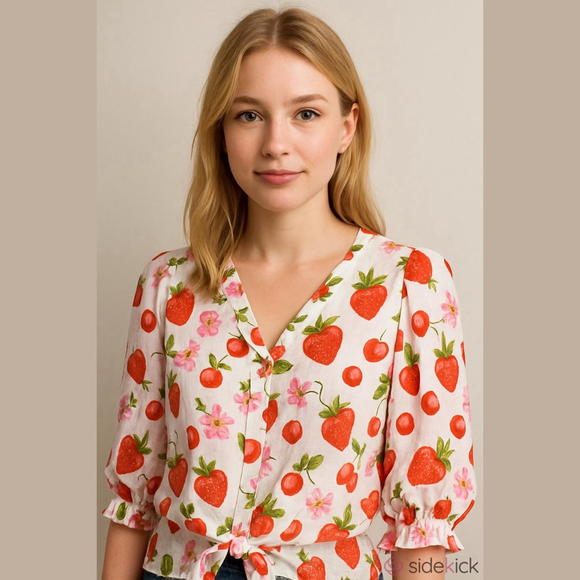 Rose + Olive Tops - Rose + Olive White Red Strawberry Cherry Tie Front Blouse Size Large